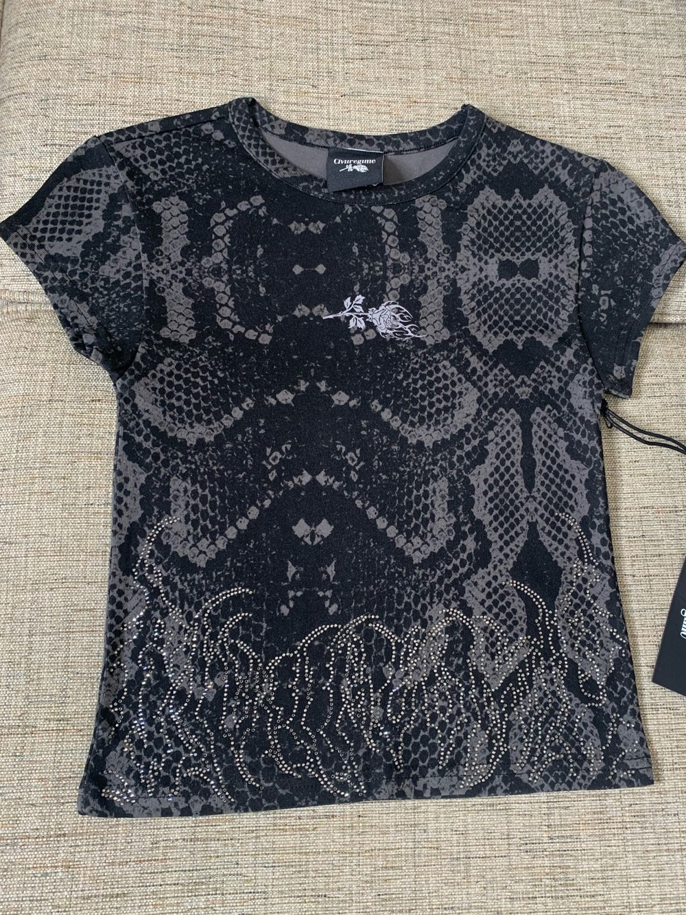 NWT CIVIL REGIME Boa Bliss Bedazzled Baby Tee in Tonal Black Snakeskin, Sz Small